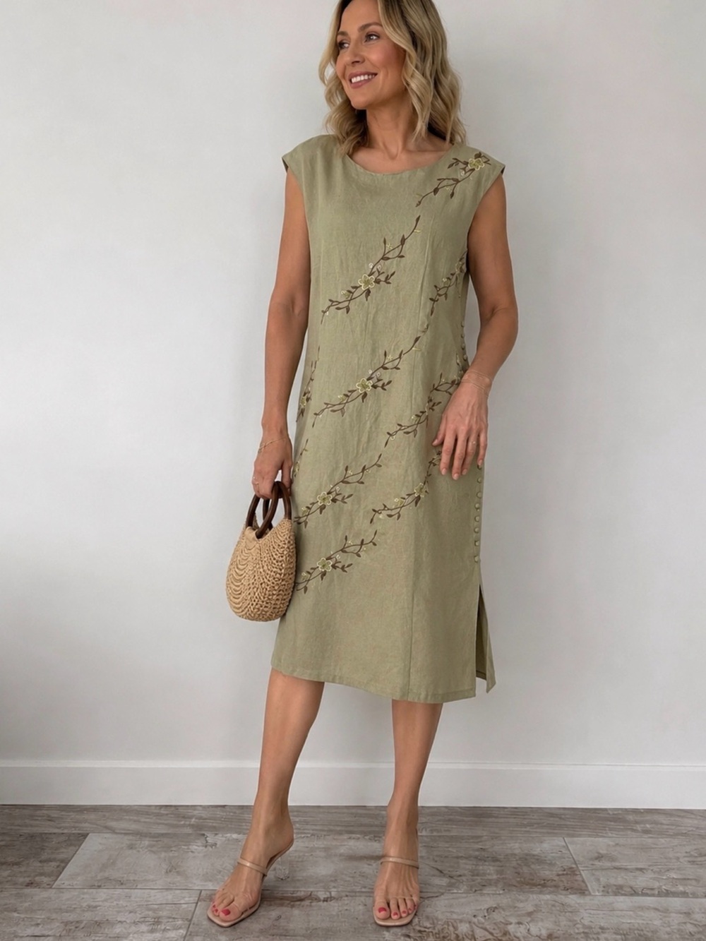 Sheriā Martin Olive Green Embroidered Sleeveless Midi Dress